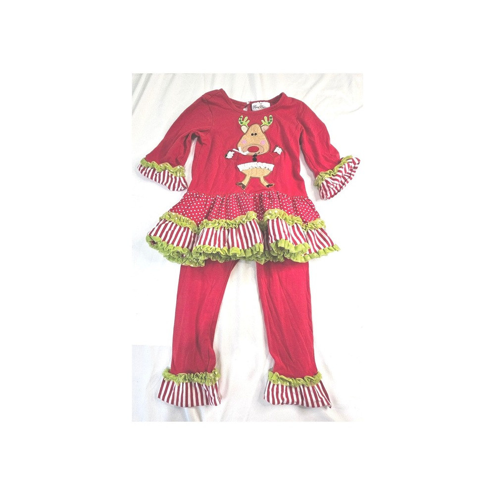 Rare Editions Girls Red Reindeer Ruffle Tunic and Leggings Christmas Set Size 4T